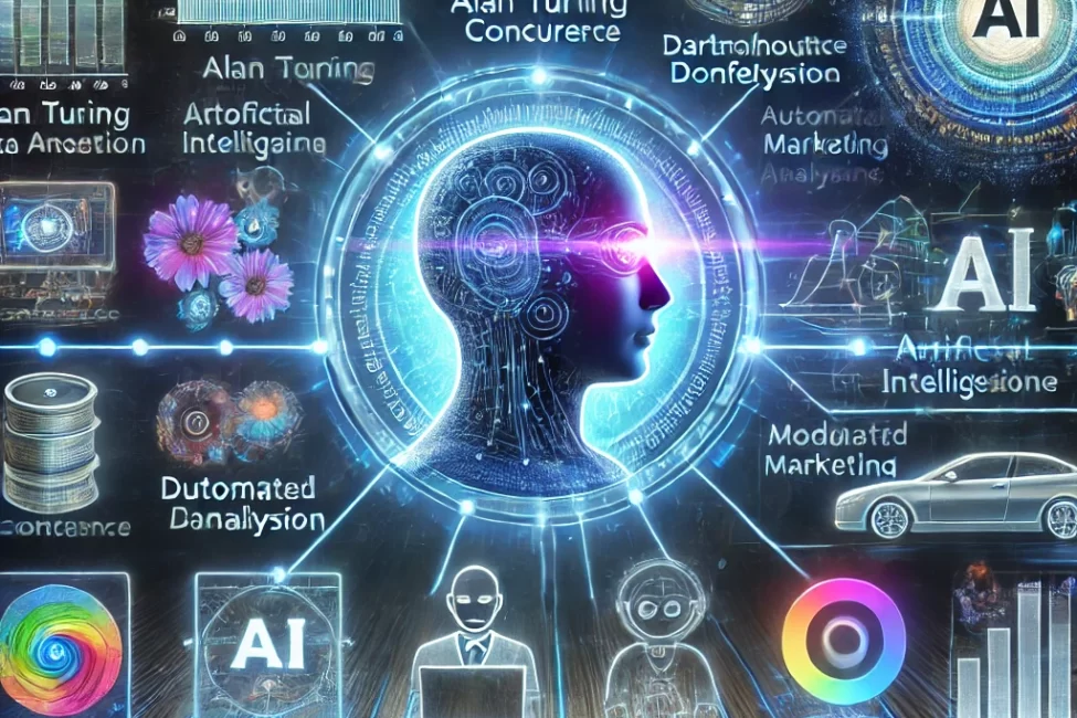 DALL·E 2025-03-06 13.38.06 – A futuristic digital illustration depicting the evolution of Artificial Intelligence in marketing and advertising. The image features a timeline start