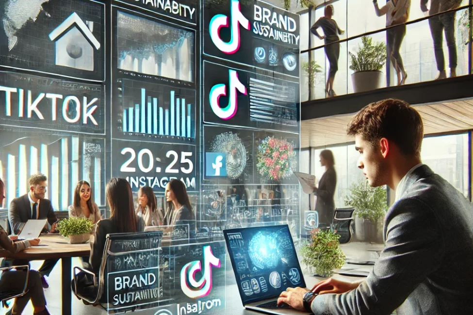 DALL·E 2025-03-17 09.13.25 – A realistic photograph depicting modern marketing trends in 2025. The image shows a young marketing professional working on a laptop in a contemporary Estrategia de medios alineada con los objetivos de marketing