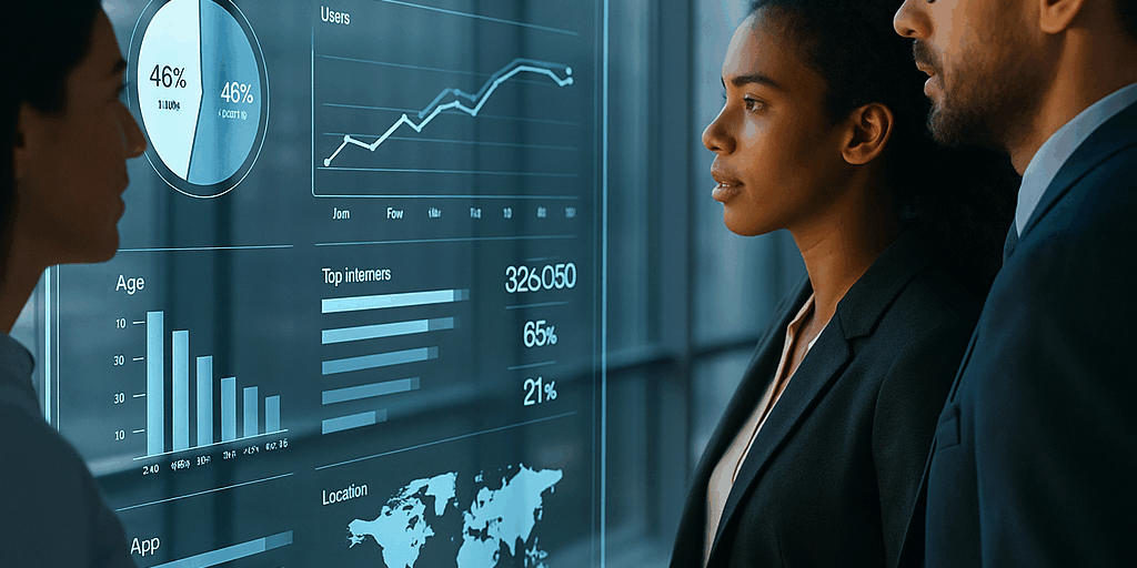 Tres profesionales observan una pantalla transparente futurista con gráficos y datos de audiencias, representando el análisis del consumo de medios en Colombia 2025.