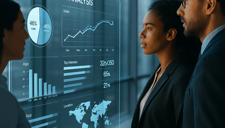 Personas analizando un dashboard futurista de consumo de medios en Colombia 2025 Tres profesionales observan una pantalla transparente futurista con gráficos y datos de audiencias, representando el análisis del consumo de medios en Colombia 2025.