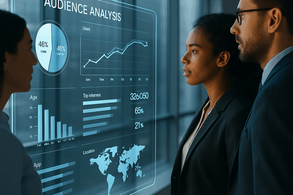 Personas analizando un dashboard futurista de consumo de medios en Colombia 2025 Tres profesionales observan una pantalla transparente futurista con gráficos y datos de audiencias, representando el análisis del consumo de medios en Colombia 2025.